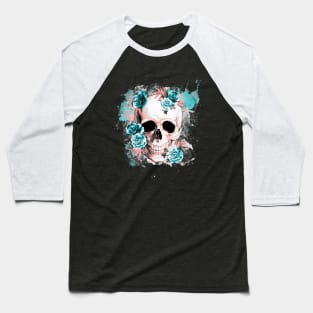 Floral Skull with turquese roses and leaves watercolor Baseball T-Shirt